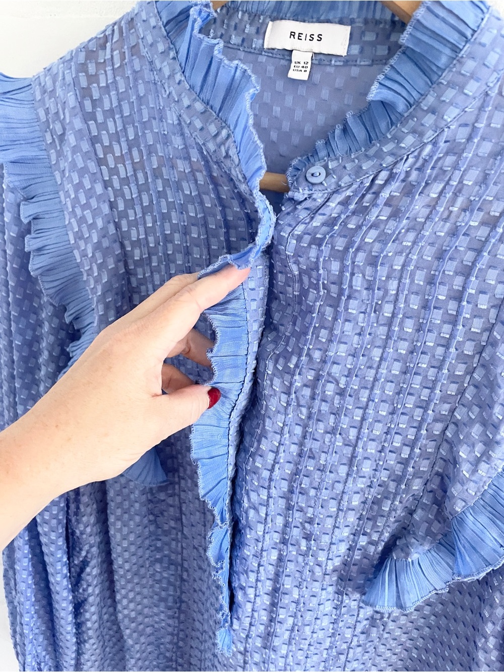 Reiss Sheer Silk Blend Ruffle Blouse Cornflower Periwinkle Blue Statement Sz 8 - Picture 6 of 16